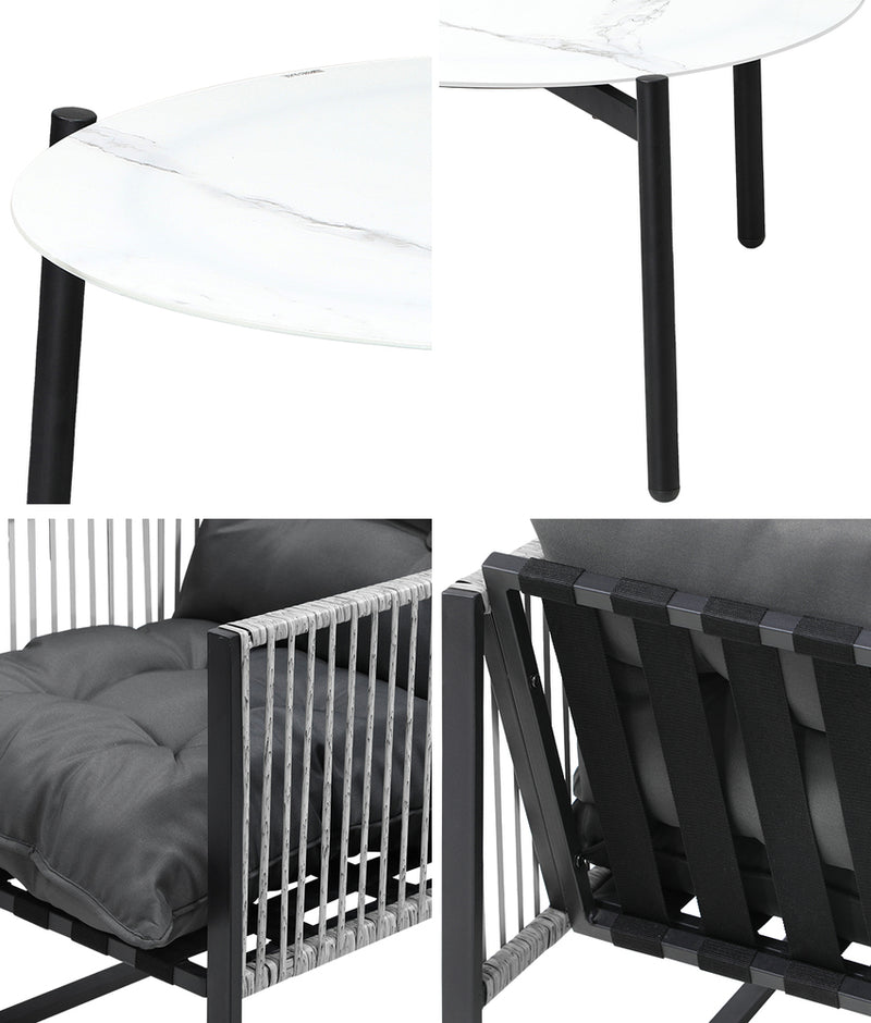 3 Pieces White Outdoor Patio Set with Table and Cushioned Armchairs