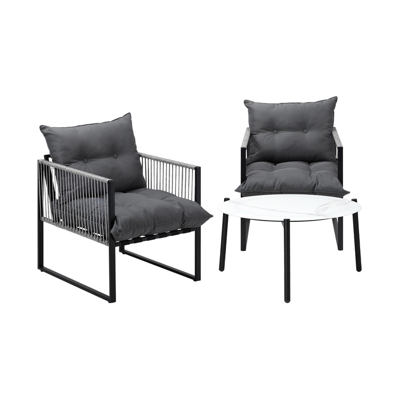 3 Pieces White Outdoor Patio Set with Table and Cushioned Armchairs