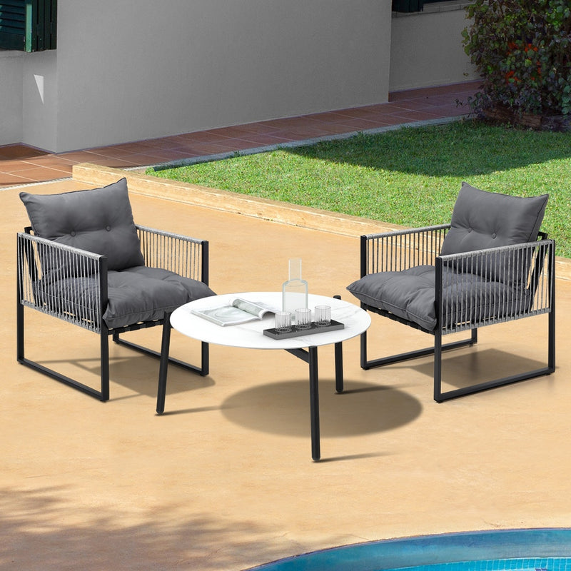 3 Pieces White Outdoor Patio Set with Table and Cushioned Armchairs