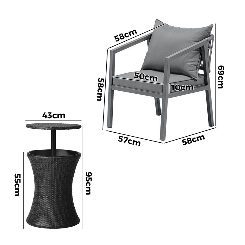 3 Pieces Black Outdoor Patio Bistro Set with Ice Bucket Table