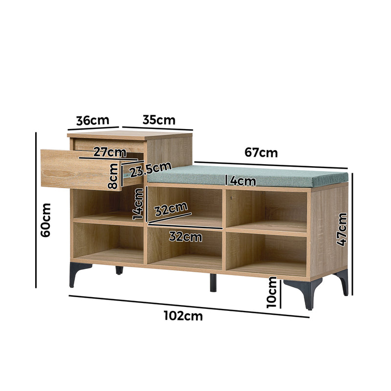 Shoe Storage Bench Cabinet with 6 Shelves Drawers and Polyester Seat