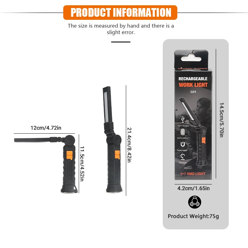 Portable COB LED Flashlight USB Rechargeable Magnetic Work Light