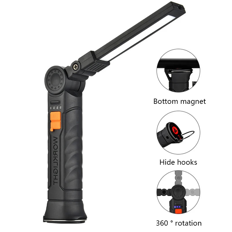 Portable COB LED Flashlight USB Rechargeable Magnetic Work Light