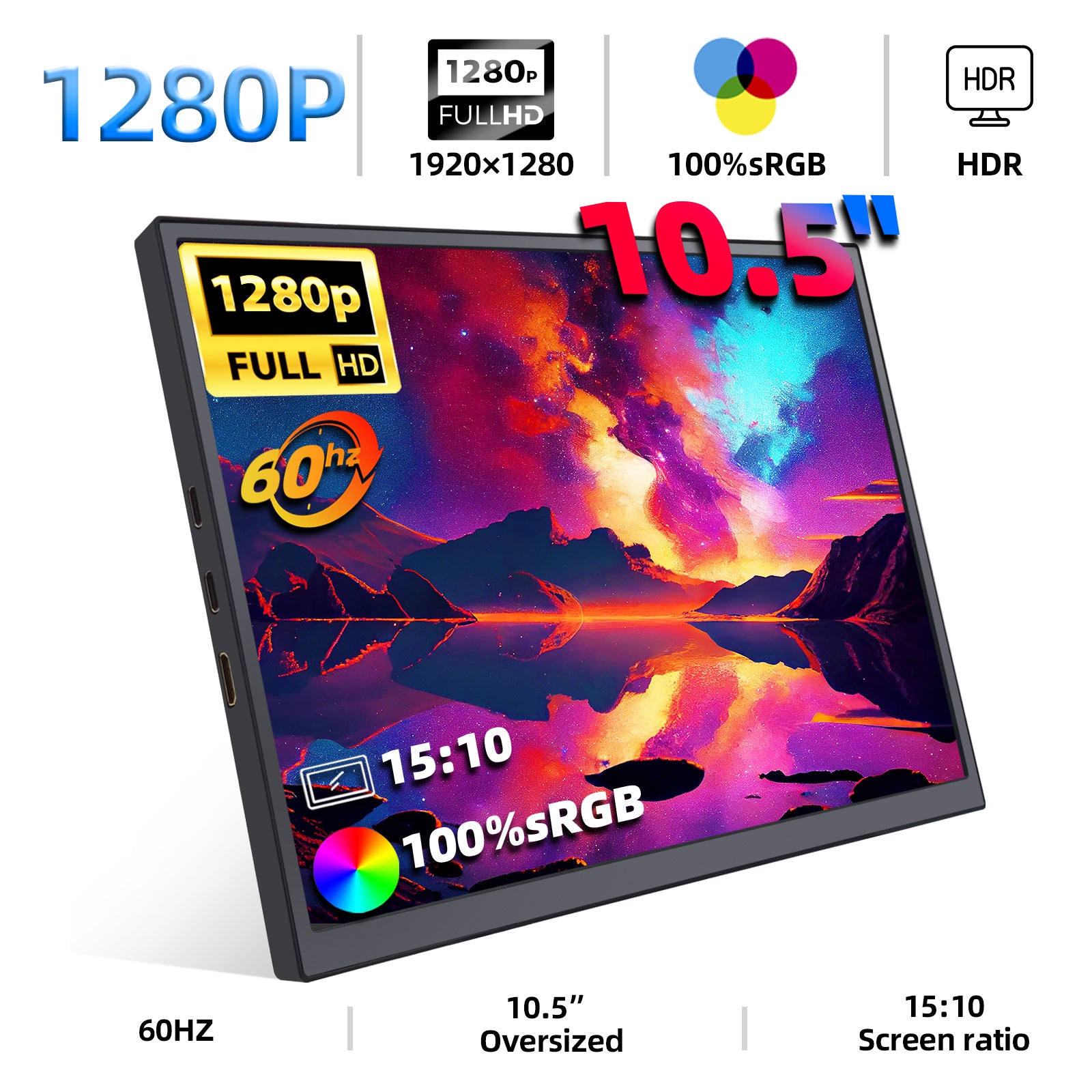 10.5-Inch Portable Monitor 1280P Low Blue Light PC Loptop Extension