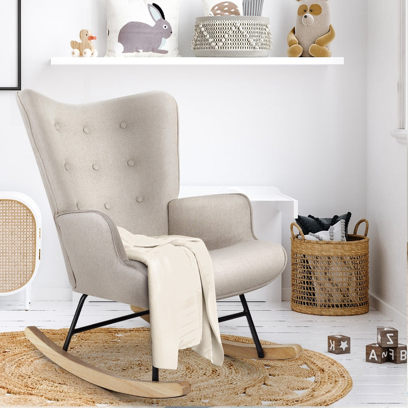 Beige Velvet Upholstered Rocking Armchair Accent Chair