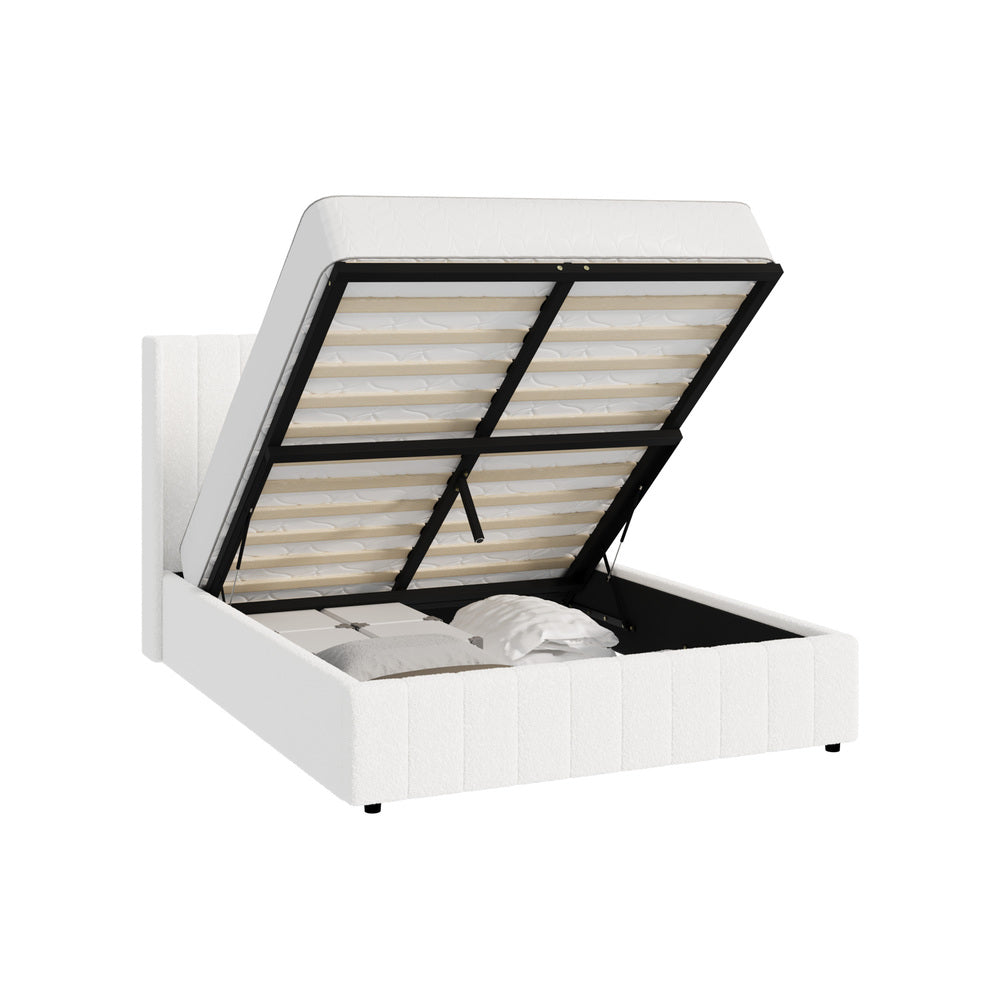 White Boucle Fabric Double Size Bed Frame with Gas Lift Base