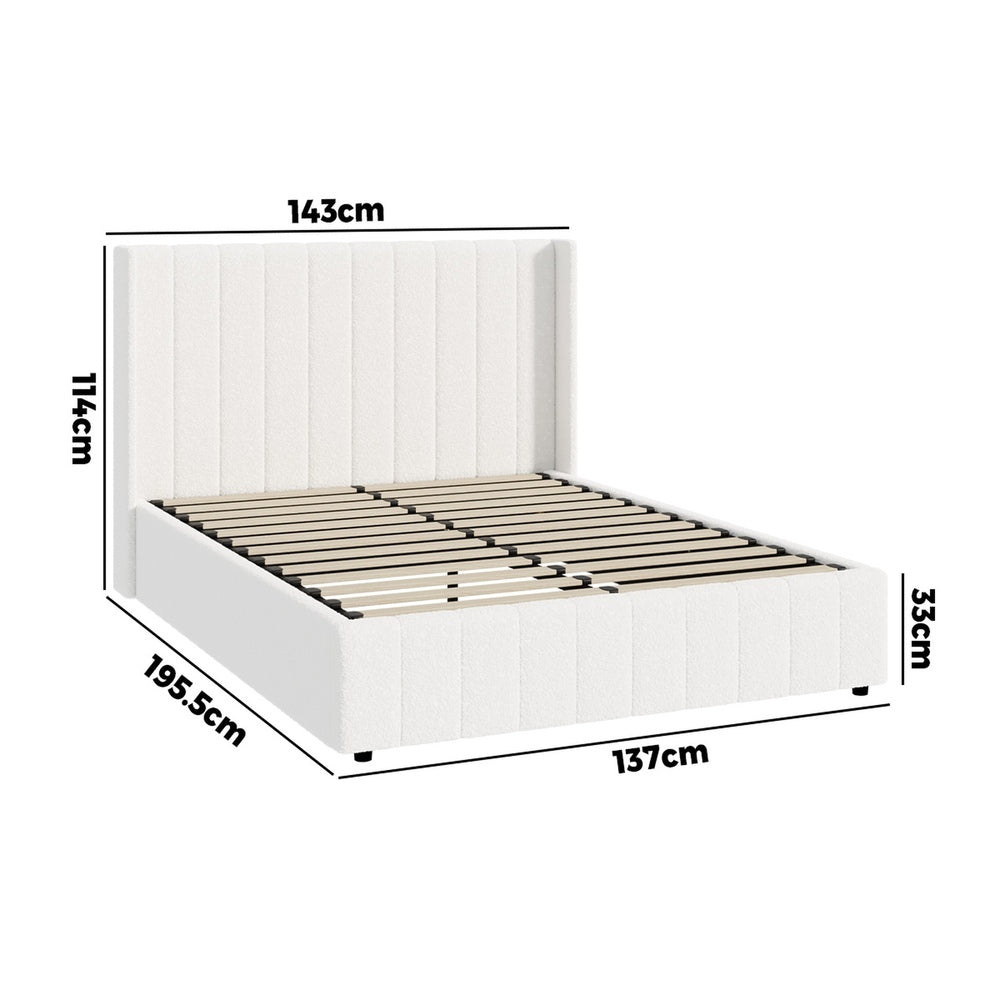 White Boucle Fabric Double Size Bed Frame with Gas Lift Base