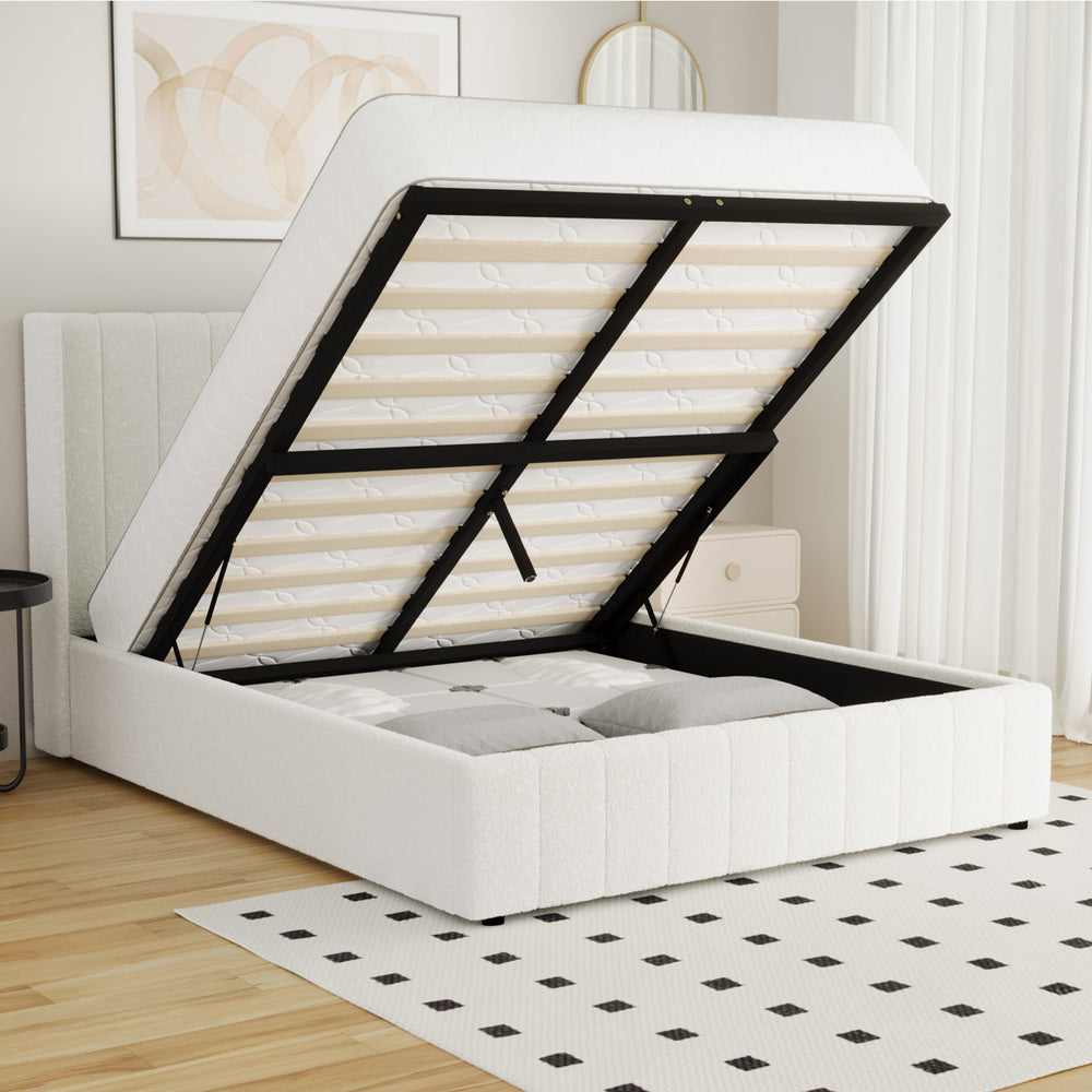 White Boucle Fabric Double Size Bed Frame with Gas Lift Base