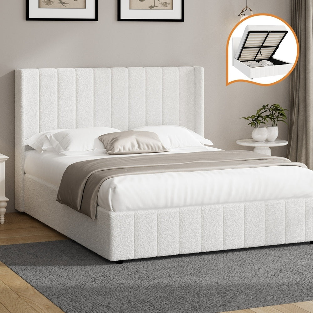 White Boucle Fabric Double Size Bed Frame with Gas Lift Base