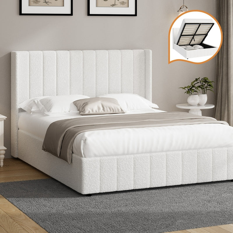 White Boucle Fabric Double Size Bed Frame with Gas Lift Base