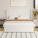 White Boucle Fabric Double Size Bed Frame with Gas Lift Base
