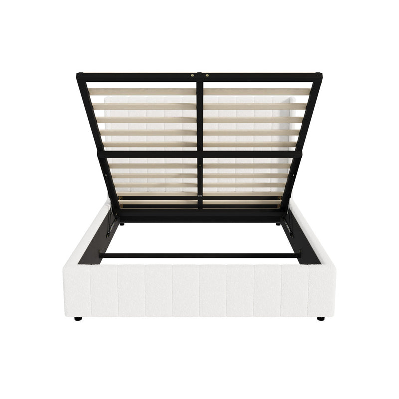 White Boucle Fabric Double Size Bed Frame with Gas Lift Base
