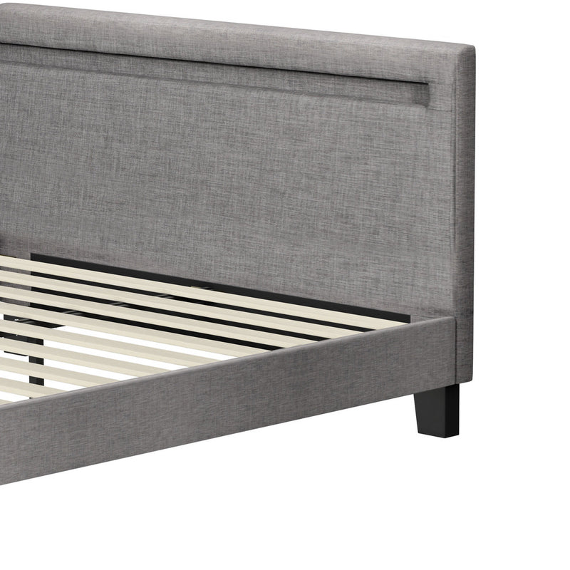 Grey Fabric Wooden Queen Size Bed Frame with RGB LED