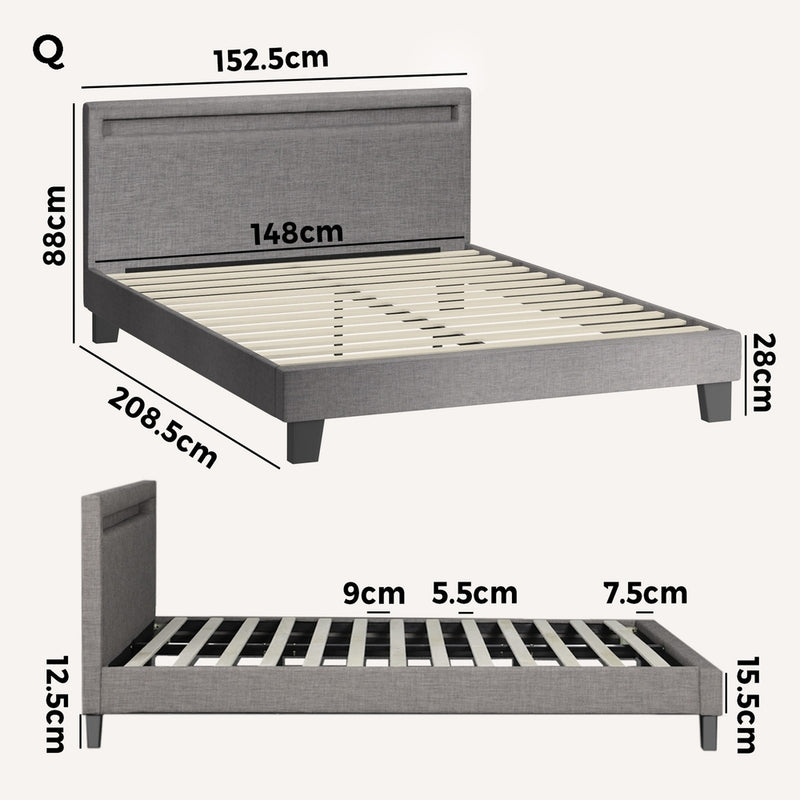 Grey Fabric Wooden Queen Size Bed Frame with RGB LED