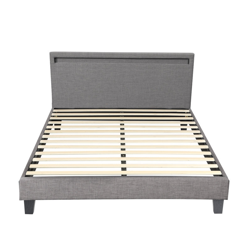 Grey Fabric Wooden Queen Size Bed Frame with RGB LED