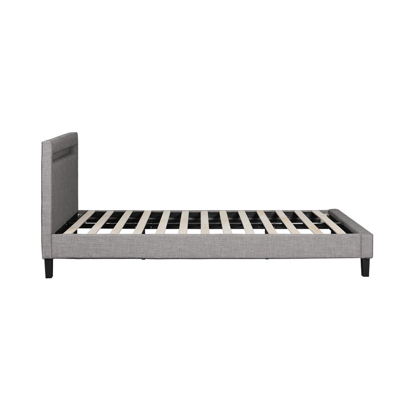 Grey Fabric Wooden Queen Size Bed Frame with RGB LED