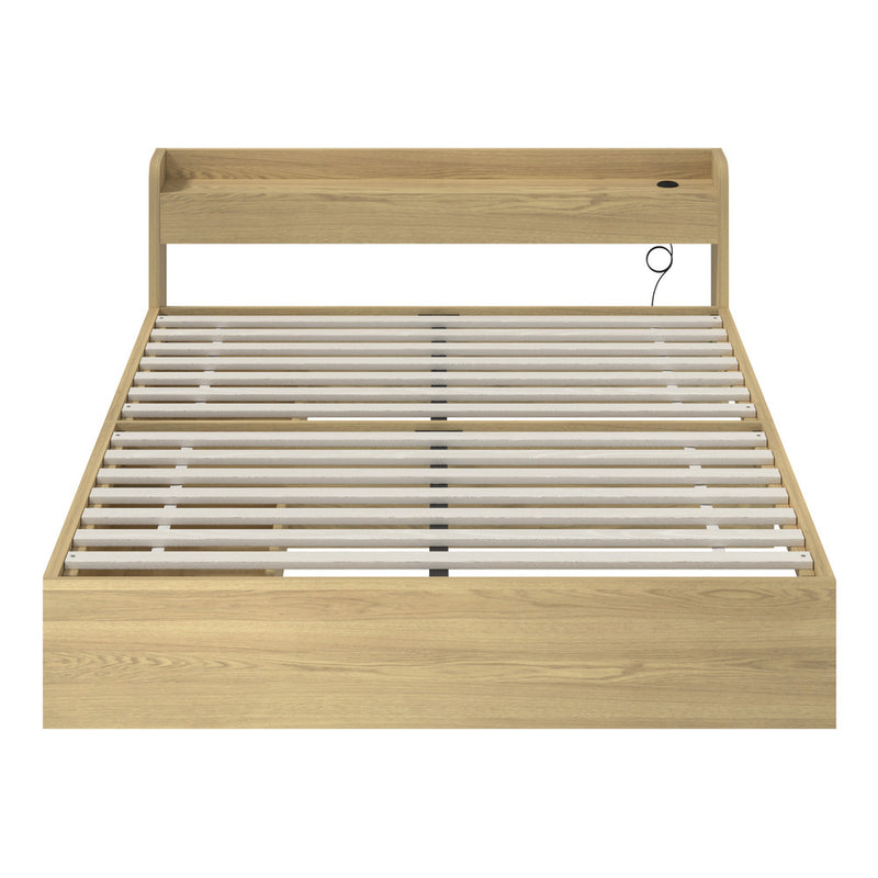 Natural Queen Size Bed Frame with 2 Drawers and Charging Ports