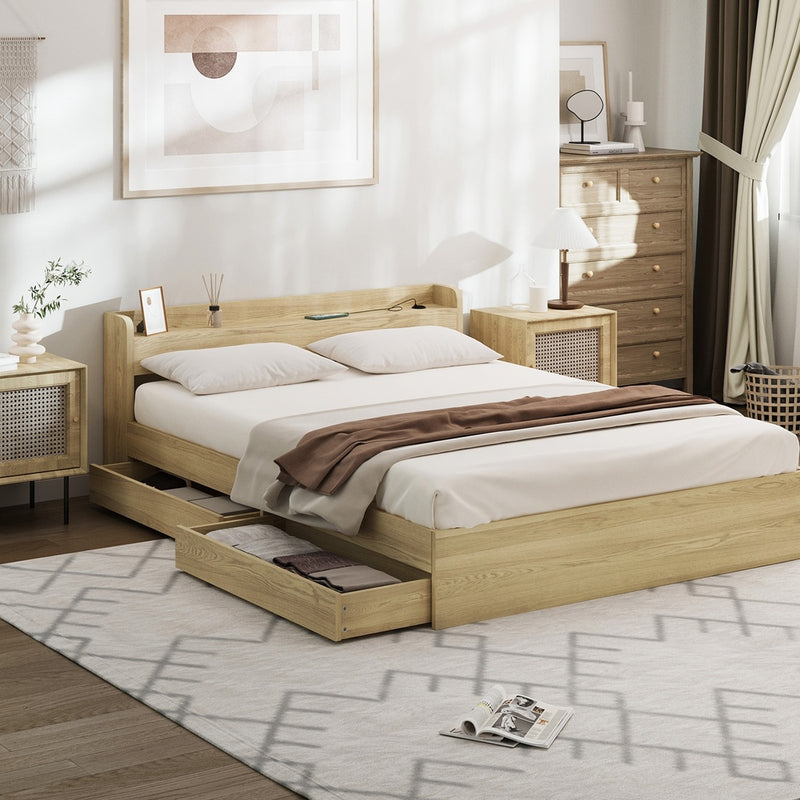 Natural Queen Size Bed Frame with 2 Drawers and Charging Ports