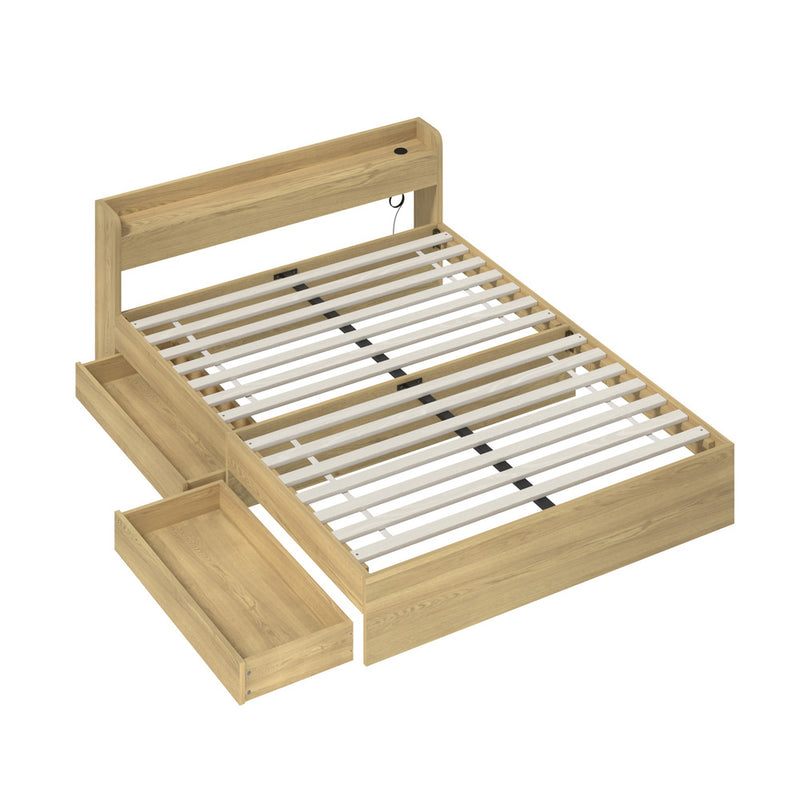 Natural Queen Size Bed Frame with 2 Drawers and Charging Ports