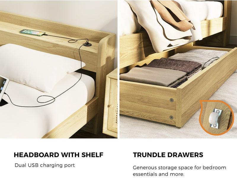 Natural Queen Size Bed Frame with 2 Drawers and Charging Ports