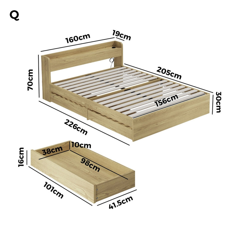 Natural Queen Size Bed Frame with 2 Drawers and Charging Ports