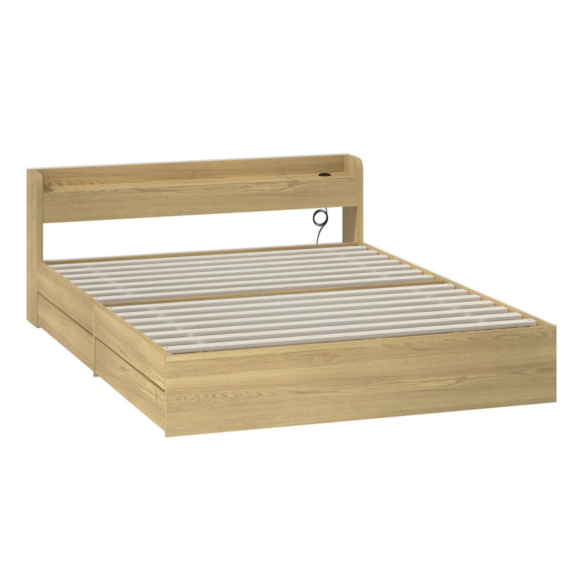 Natural Queen Size Bed Frame with 2 Drawers and Charging Ports