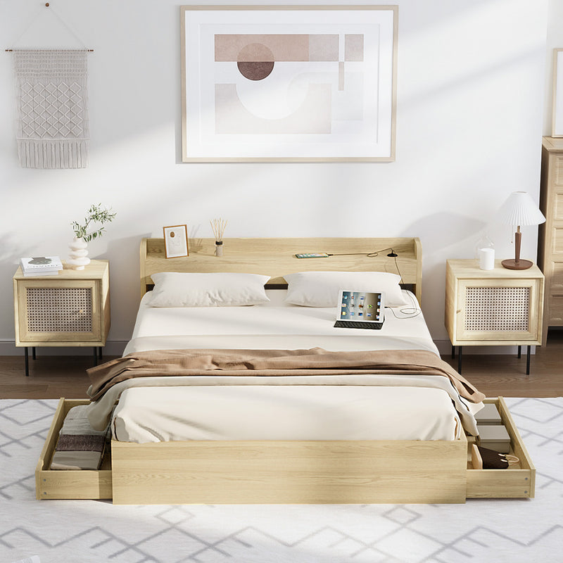 Natural Queen Size Bed Frame with 2 Drawers and Charging Ports