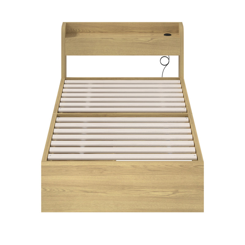 Natural Single Size Bed Frame with 2 Drawers and Charging Ports