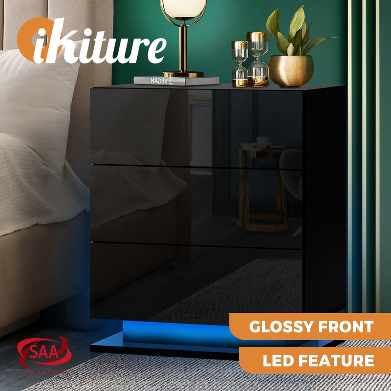 Black LED Bedside Table with RGB and 3 Drawers