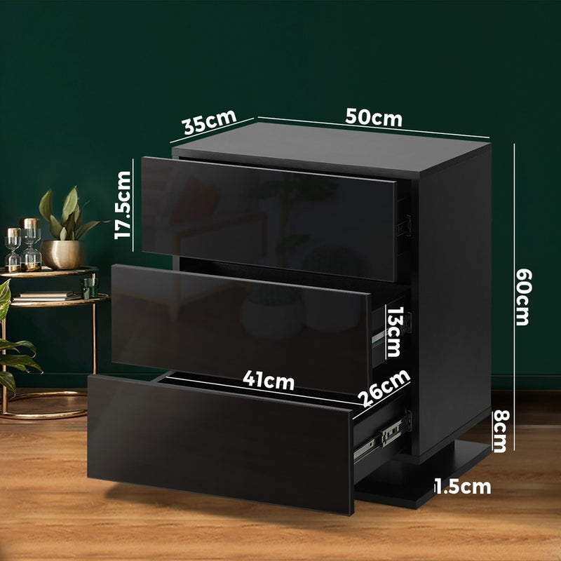 Black LED Bedside Table with RGB and 3 Drawers