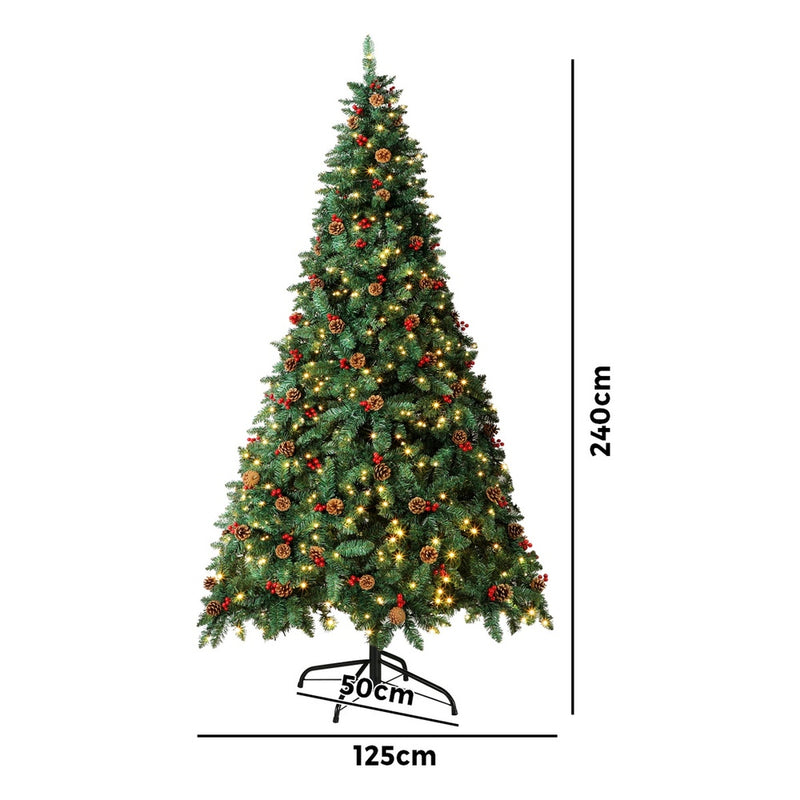 8FT Green Christmas Tree with LED Lights and Pine Cones Decorations