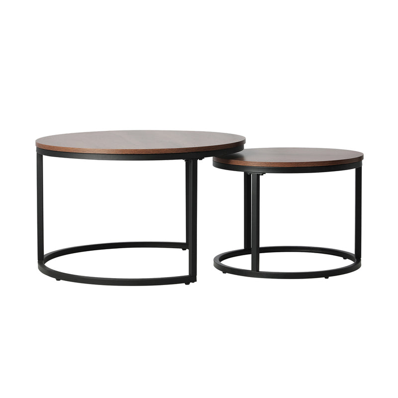 Set of 2 Round Walnut and Black Nesting Coffee Tables