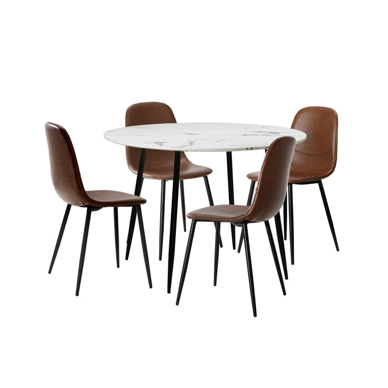 Round Brown PU Dining Table with Four Dining Chairs