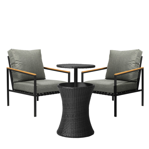 3pcs Black Outdoor Patio Sofa Set with Adjustable Ice Bucket Table