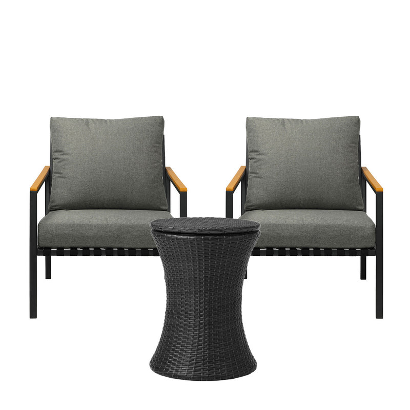 3pcs Black Outdoor Patio Sofa Set with Adjustable Ice Bucket Table