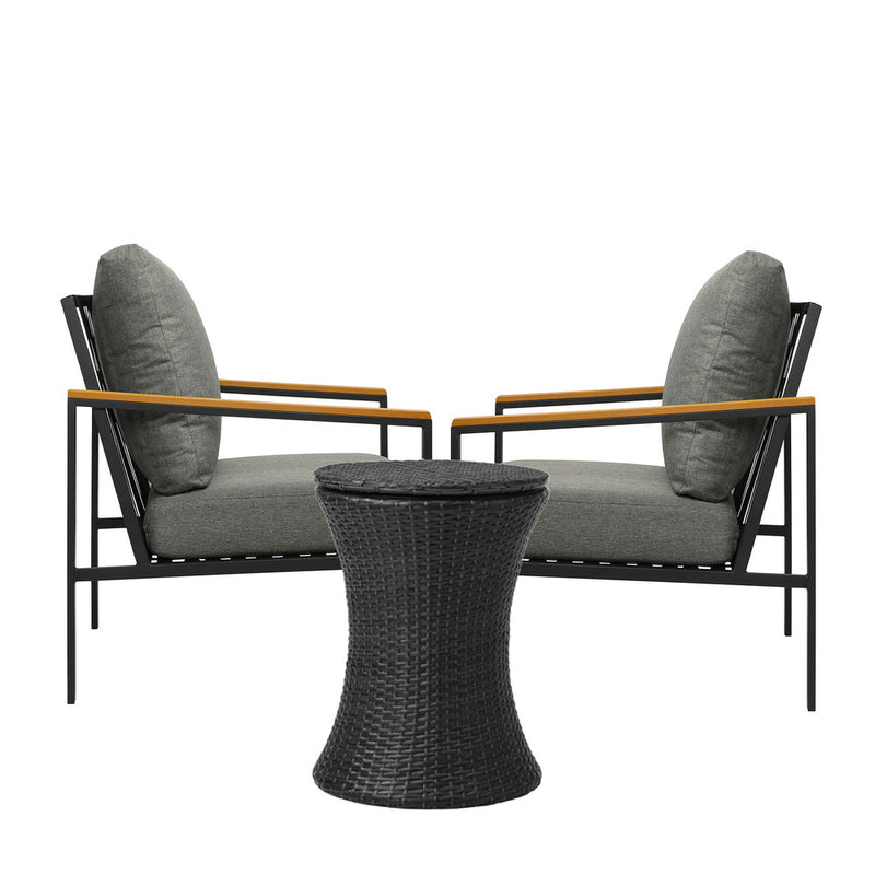 3pcs Black Outdoor Patio Sofa Set with Adjustable Ice Bucket Table