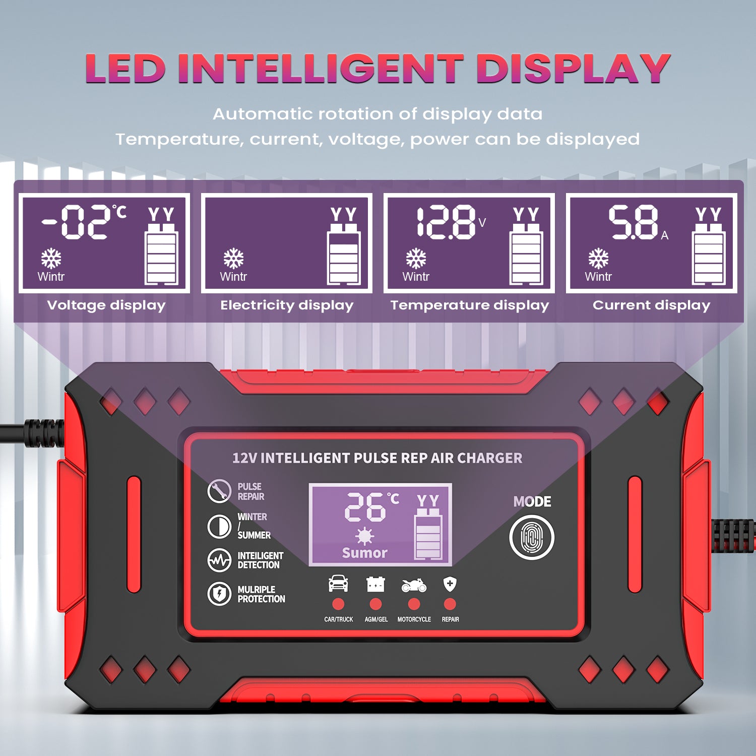6A 12V LCD Display Intelligent Car Battery Charging Unit