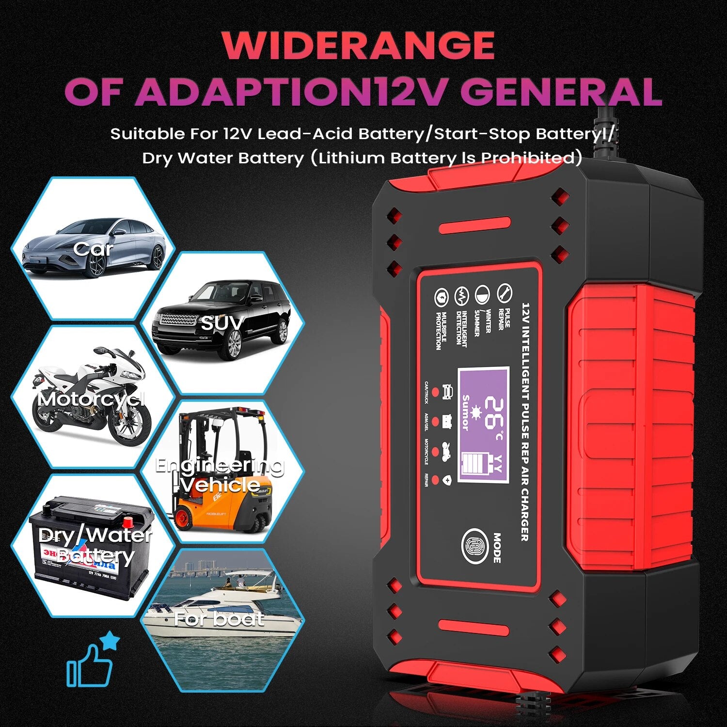 6A 12V LCD Display Intelligent Car Battery Charging Unit