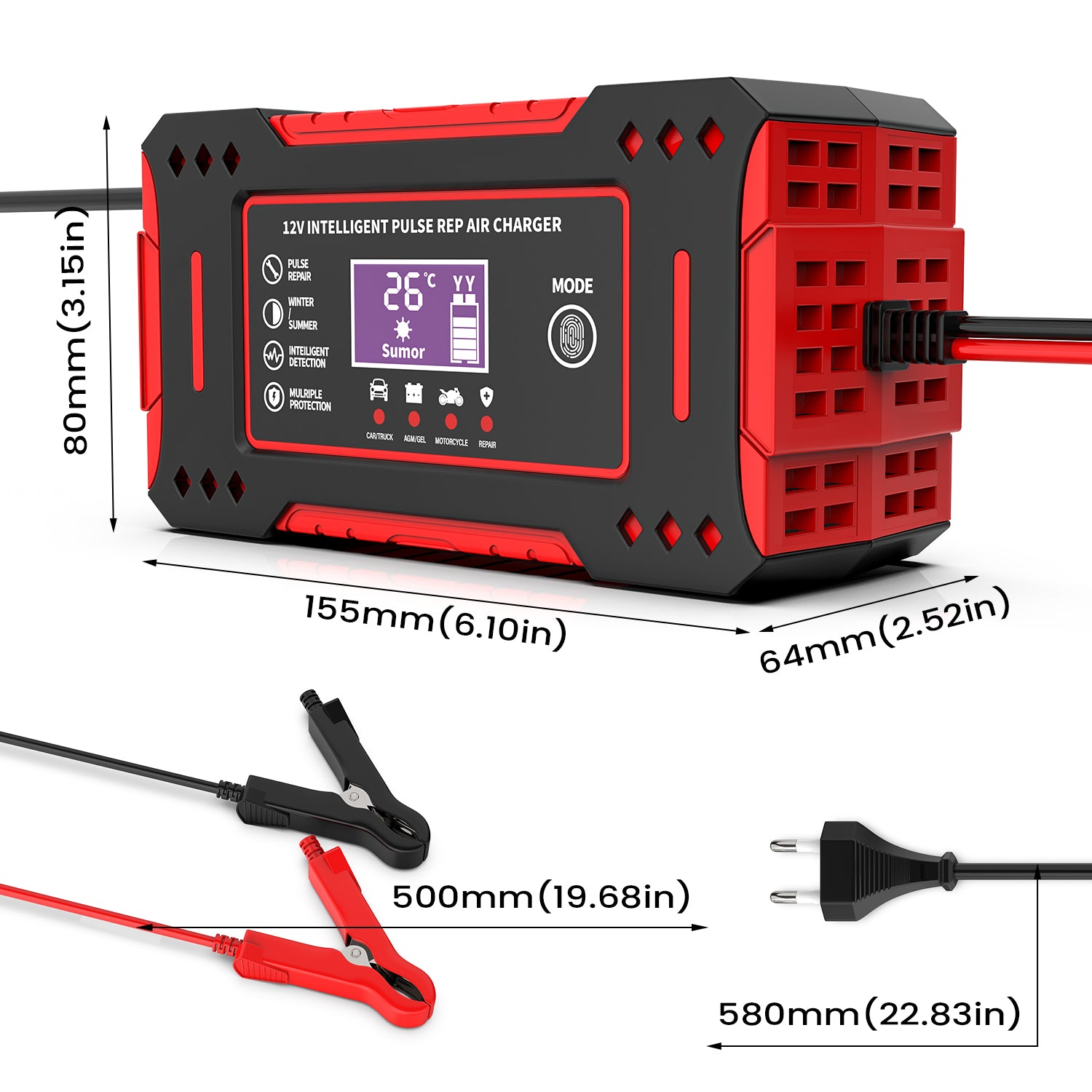 6A 12V LCD Display Intelligent Car Battery Charging Unit