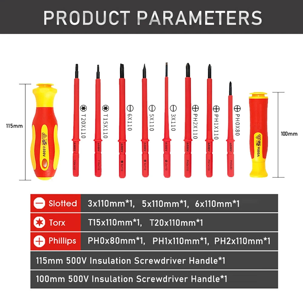 10Pcs Interchangeable Blade VDE Insulated Screwdriver Set