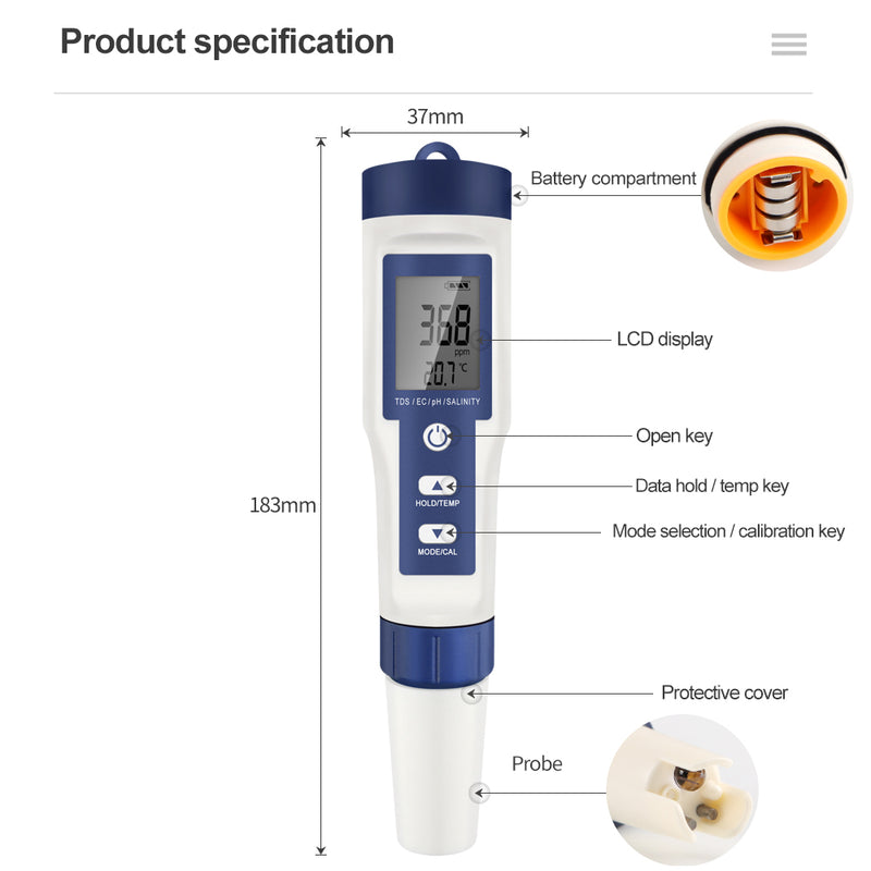 5 In 1 Digital PH TDS EC Meter Pen Salinity Temperature Tester