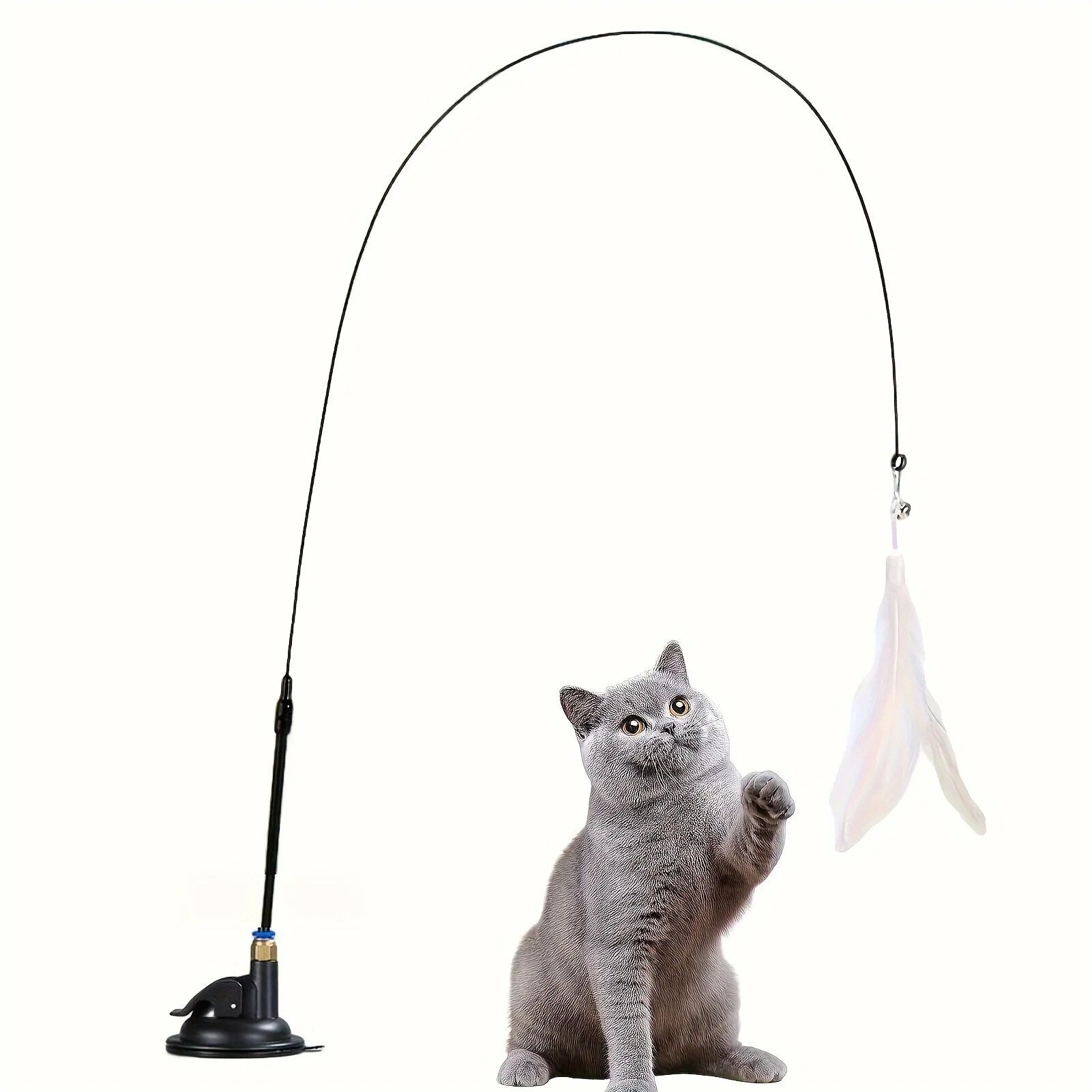 Long Suction Cup Pole Interactive Bell and Feather Wand Cat Teaser Toy