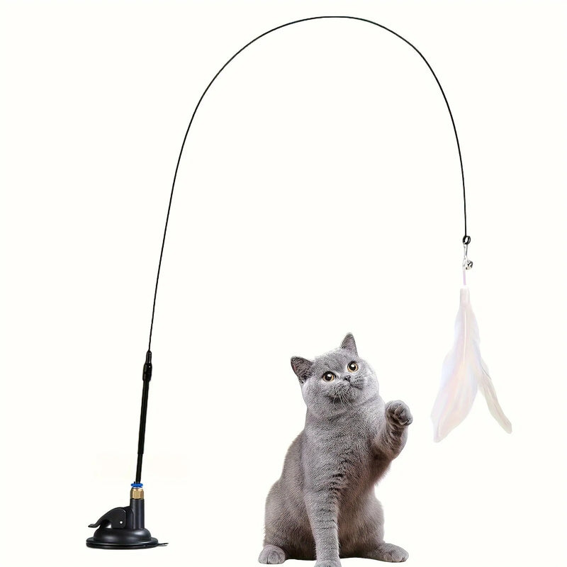 Long Suction Cup Pole Interactive Bell and Feather Wand Cat Teaser Toy