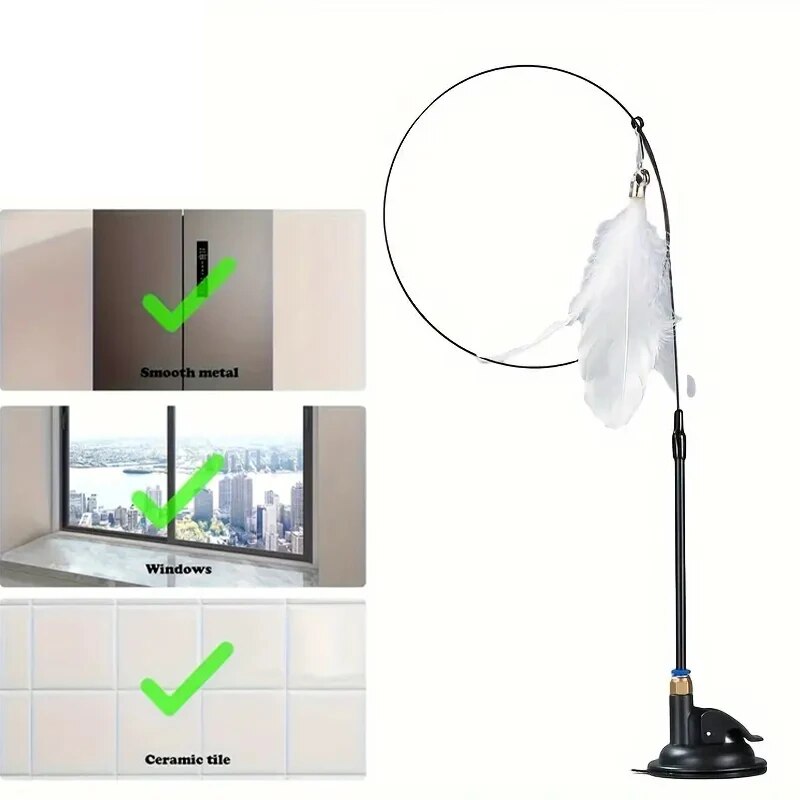 Long Suction Cup Pole Interactive Bell and Feather Wand Cat Teaser Toy