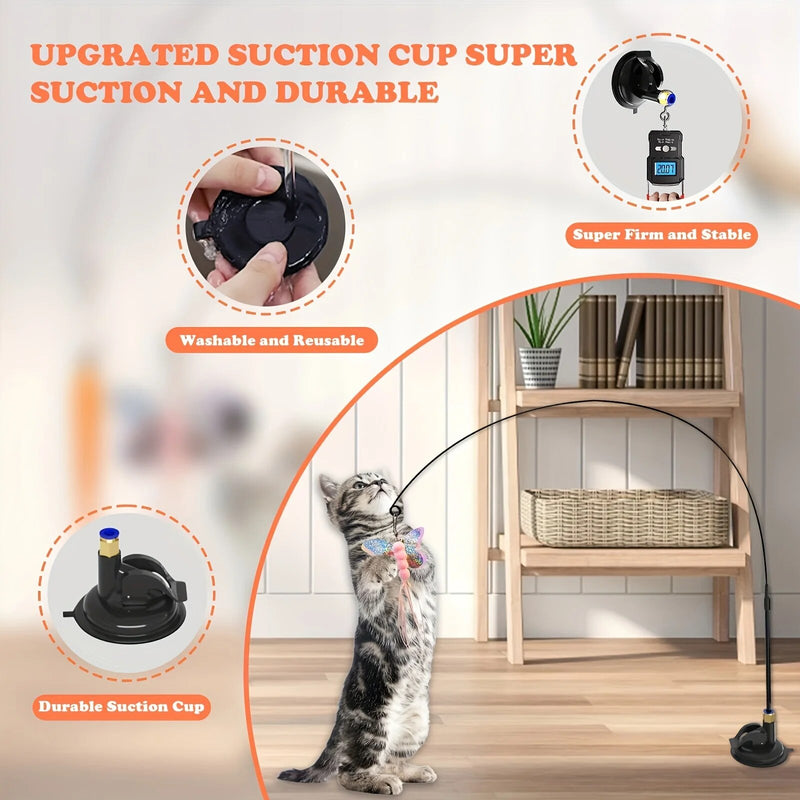 Long Suction Cup Pole Interactive Bell and Feather Wand Cat Teaser Toy