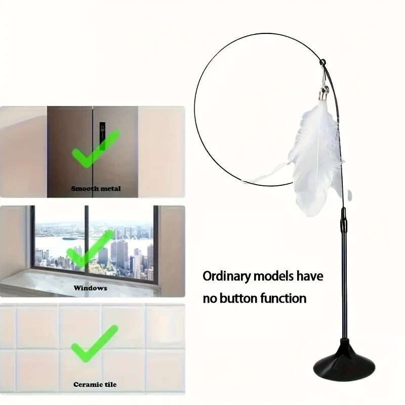 Long Suction Cup Pole Interactive Bell and Feather Wand Cat Teaser Toy