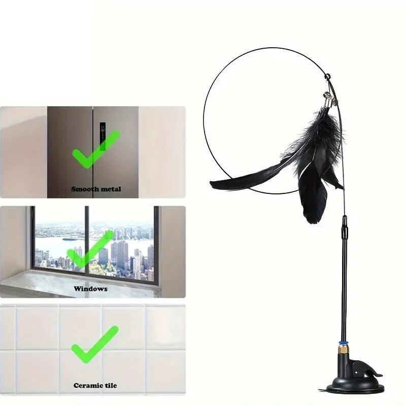 Long Suction Cup Pole Interactive Bell and Feather Wand Cat Teaser Toy