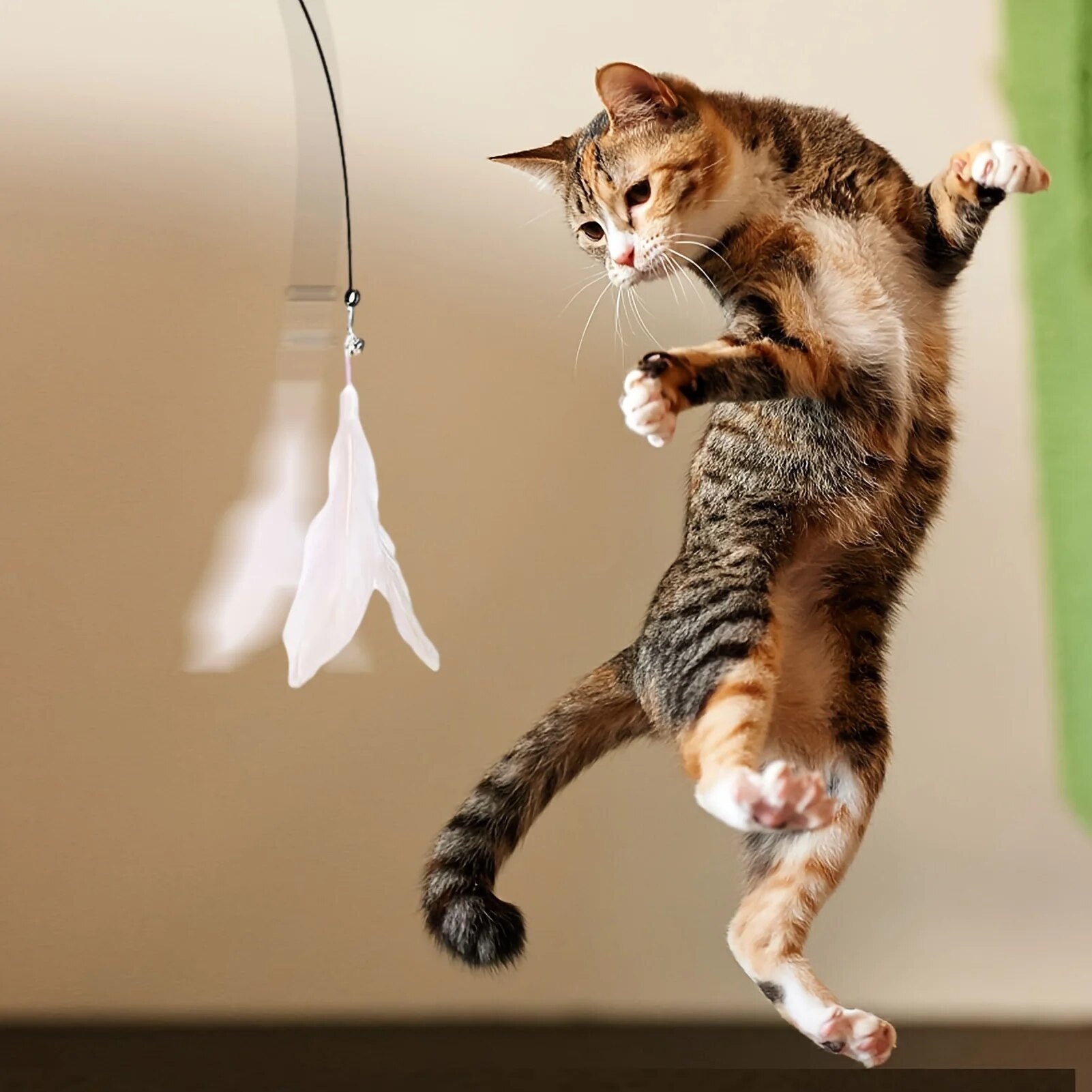 Long Suction Cup Pole Interactive Bell and Feather Wand Cat Teaser Toy