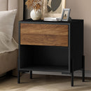 Bedside Table Nightstand with Drawer and Storage - Walnut and Black
