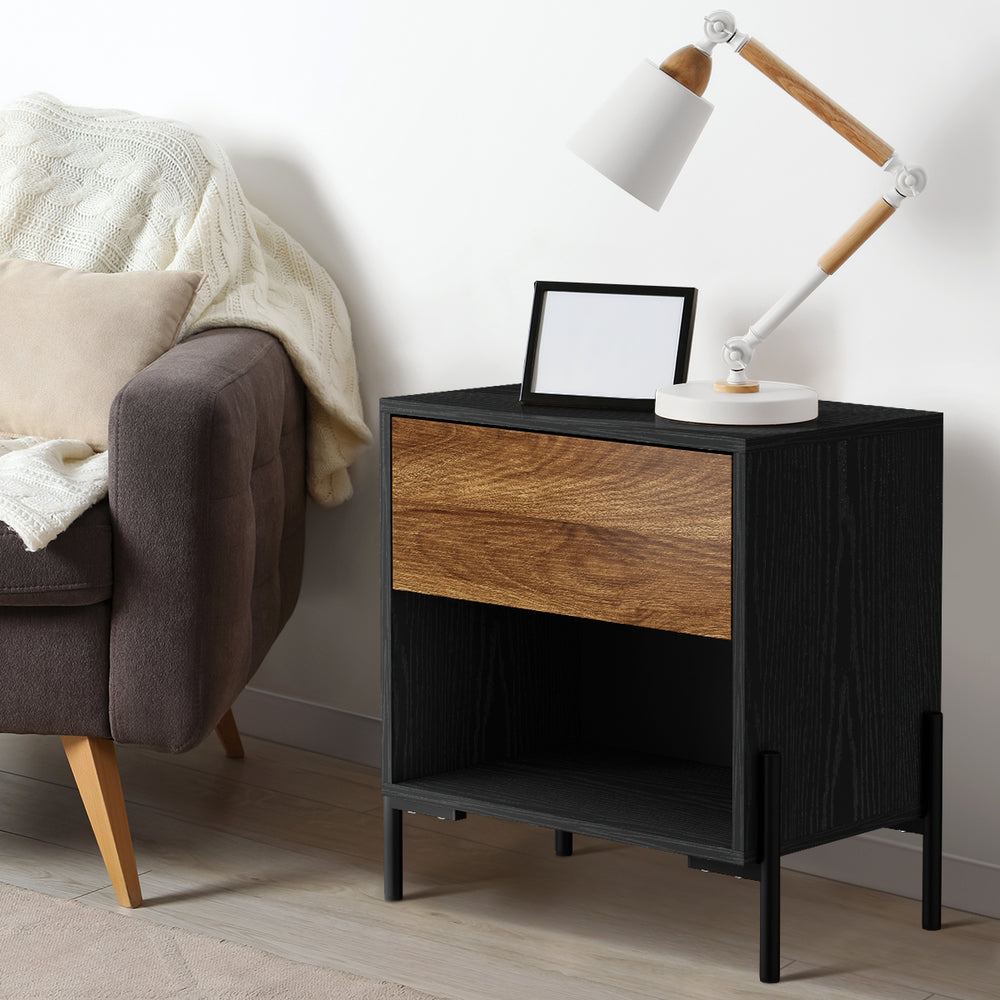 Bedside Table Nightstand with Drawer and Storage - Walnut and Black